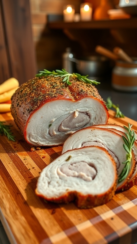 Seasoned Pork Tenderloin Recipe Roasted pork tenderloin seasoned with spices, sliced and garnished with herbs on a wooden board.